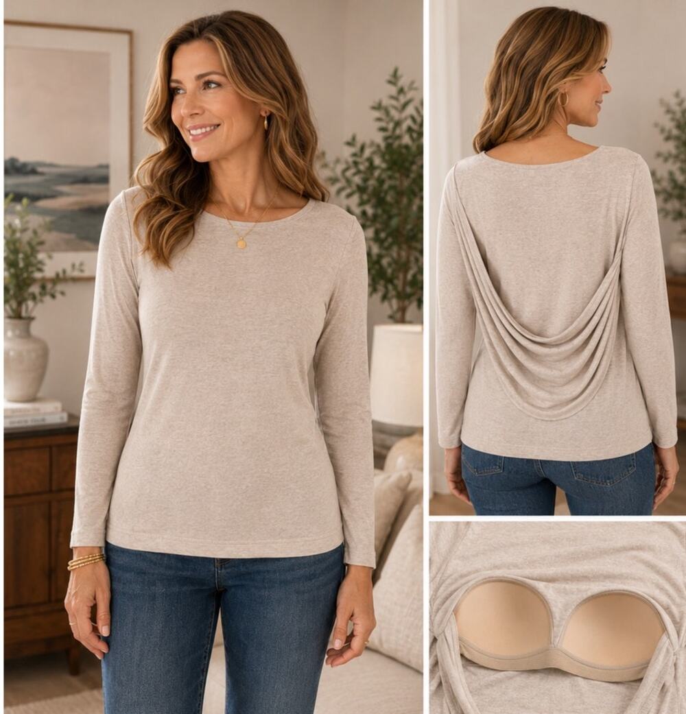 Title: OGL Beige Draped Open Back Top Built-In Bra Size L